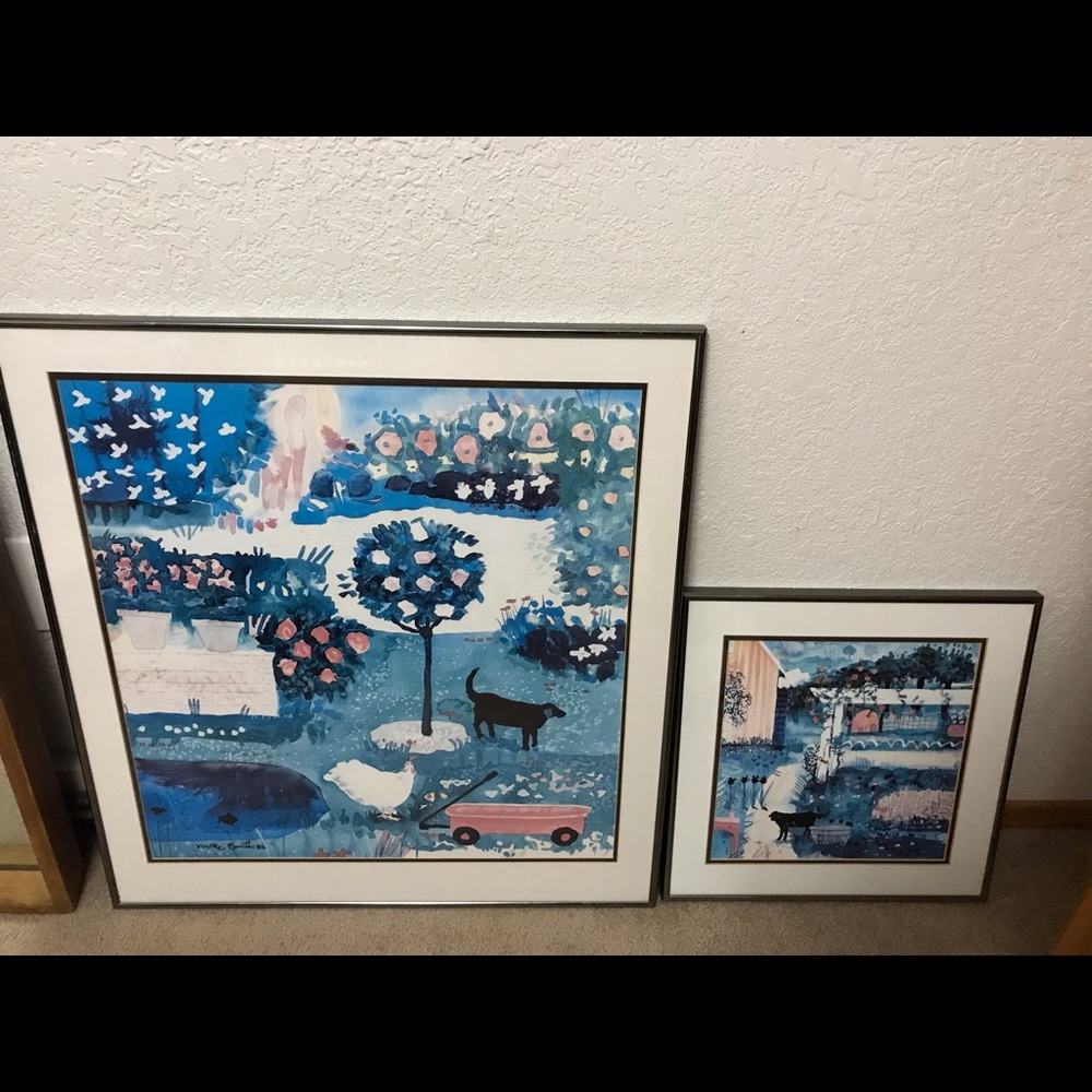2 Vintage Mike Smith painting prints, burning bush and 3 trees